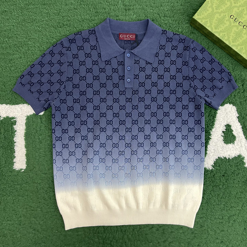 구찌 그라데이션 GG 코튼 니트 자카드 폴로 셔츠