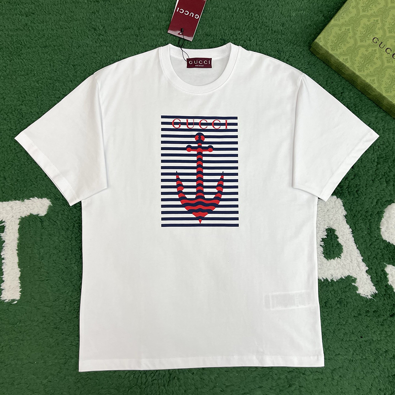 구찌 닻 모티브 메종 로고 프린트 코튼 저지 반팔 티셔츠