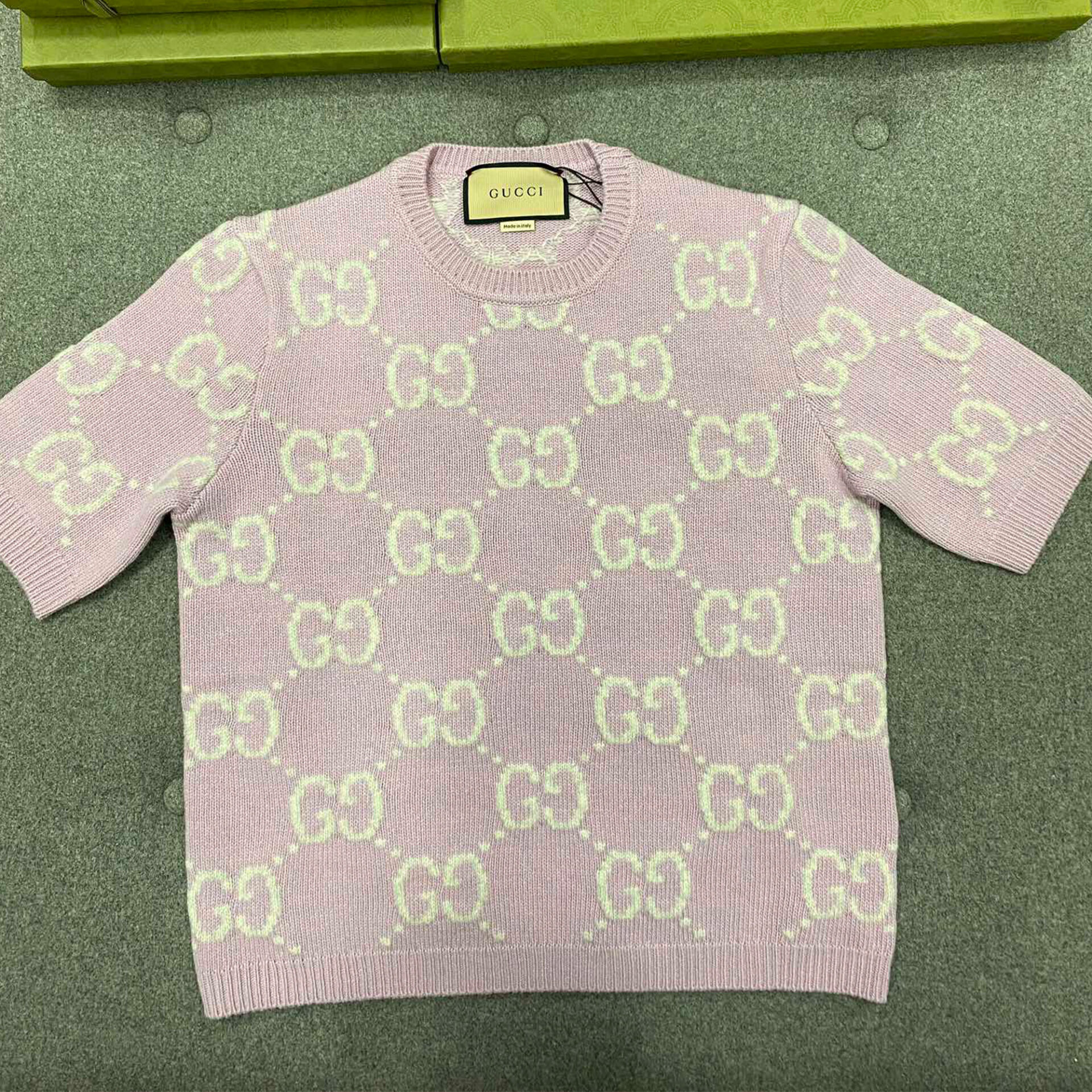 구찌 핑크 울 GG 자카드 반팔 니트