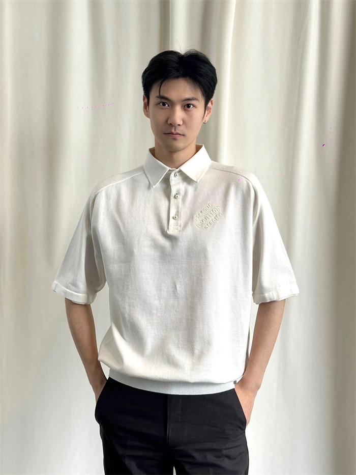 루이비통 엠브로이더드 쇼트 슬리브드 코튼 블렌드 폴로 셔츠（세븐） - 상세 이미지
