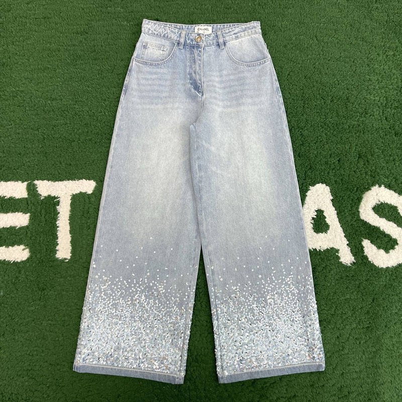 샤넬 25P 시퀸 자수 워시드 데님 팬츠