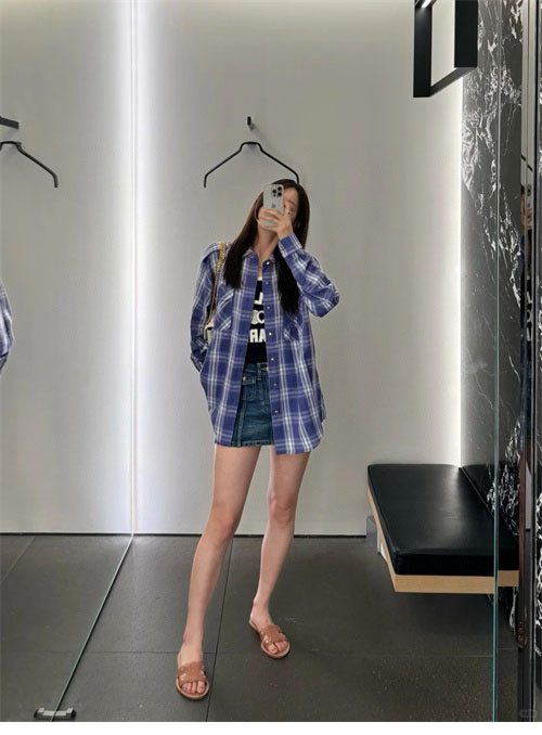 셀린느 체크 캐주얼 견장 롱 셔츠 남방 블루 - 상세 이미지