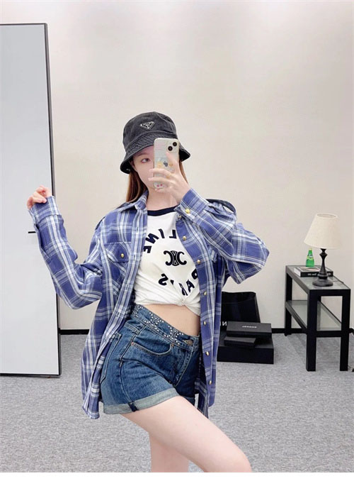 셀린느 체크 캐주얼 견장 롱 셔츠 남방 블루 - 상세 이미지