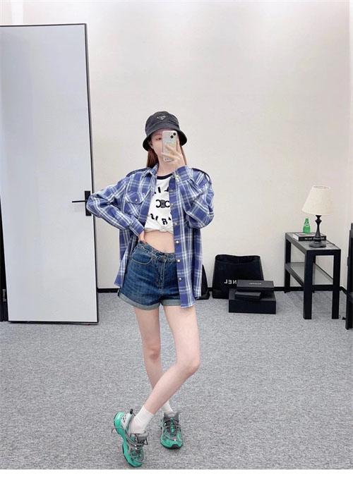 셀린느 체크 캐주얼 견장 롱 셔츠 남방 블루 - 상세 이미지