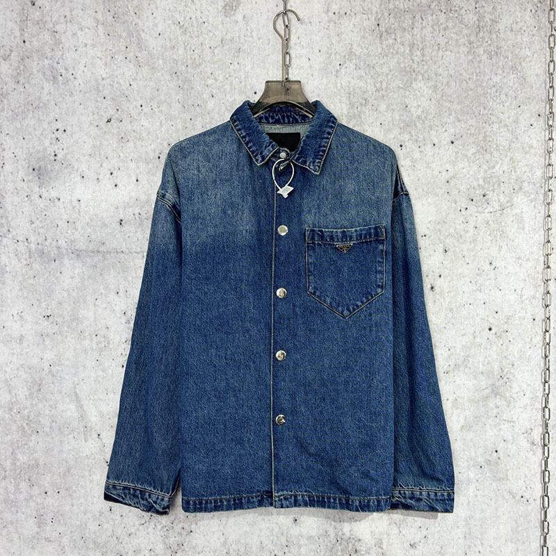 P R A D A 프라다 24SS 트라이앵글 로고 포켓 워싱 데님 셔츠 레플리카 1번 이미지 - 의류 | 세미샵 레플리카 사이트