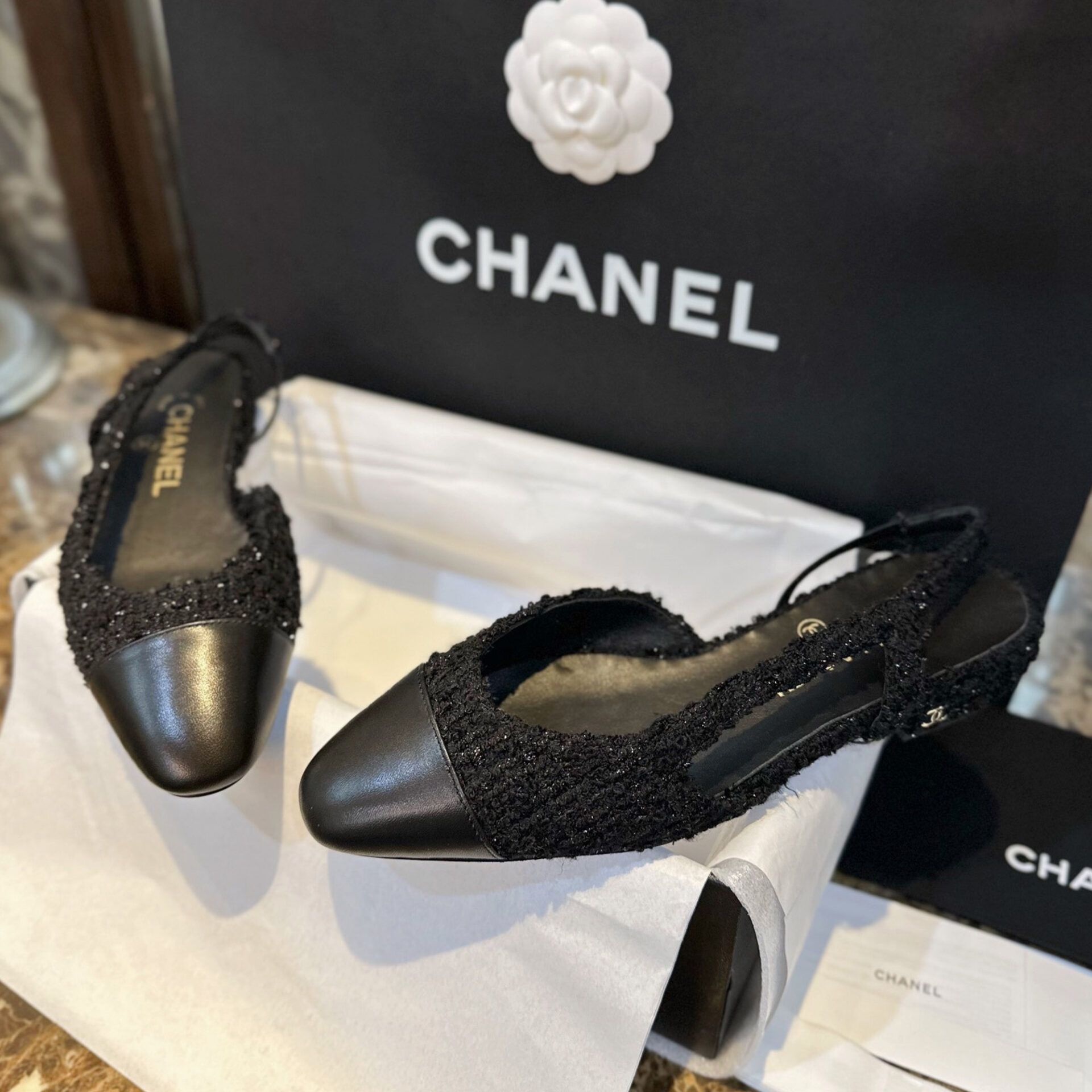 C H A N E L 샤넬 블랙 트위드 슬링백 플랫 슈즈 “34SIZE – 41SIZE” 레플리카 1번 이미지 - 신발 | 세미샵 레플리카 사이트