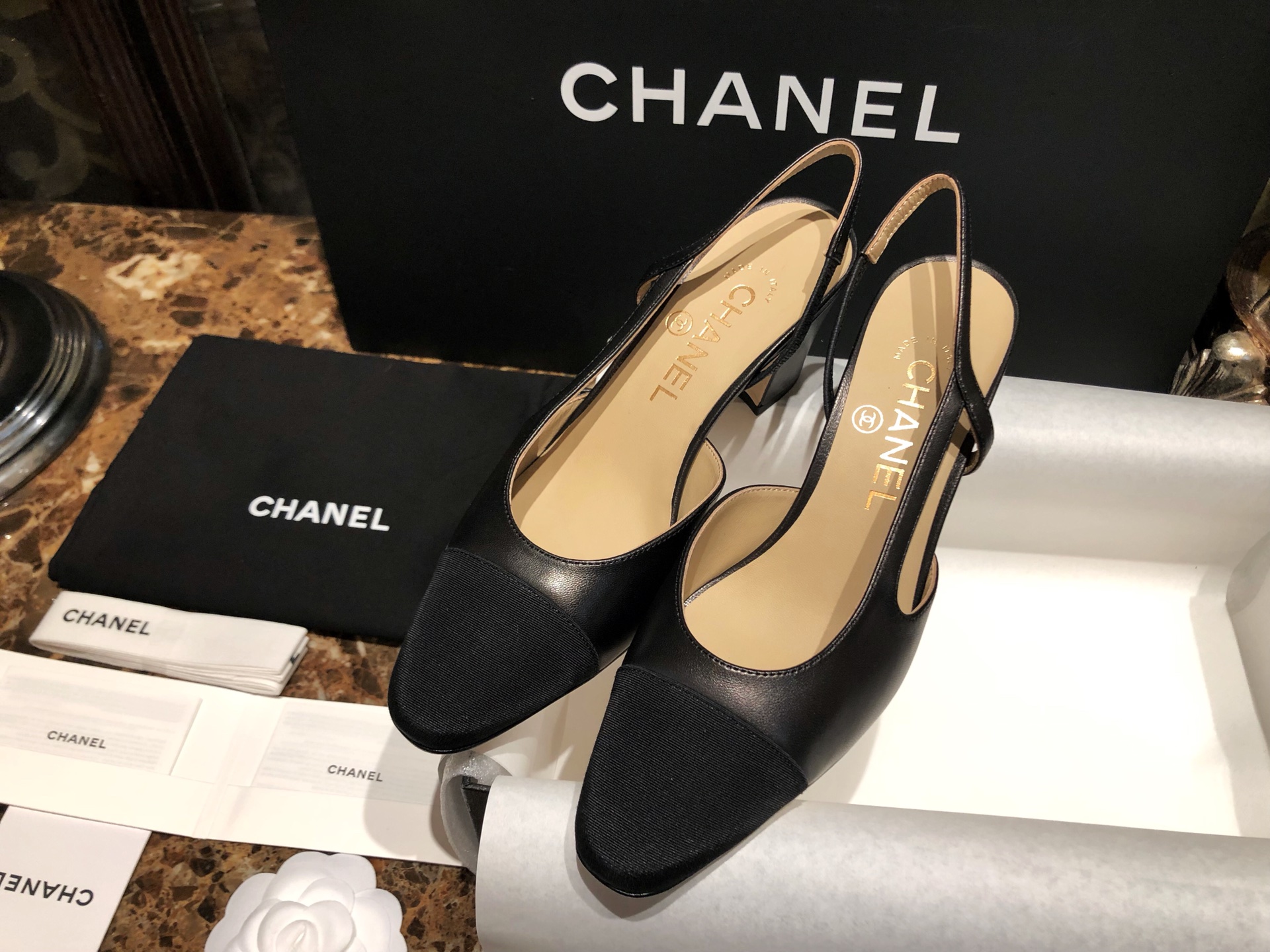 샤넬 블랙 고트스킨 그로그랭 슬링백 플랫 슈즈 “34SIZE – 41SIZE” - 상세 이미지