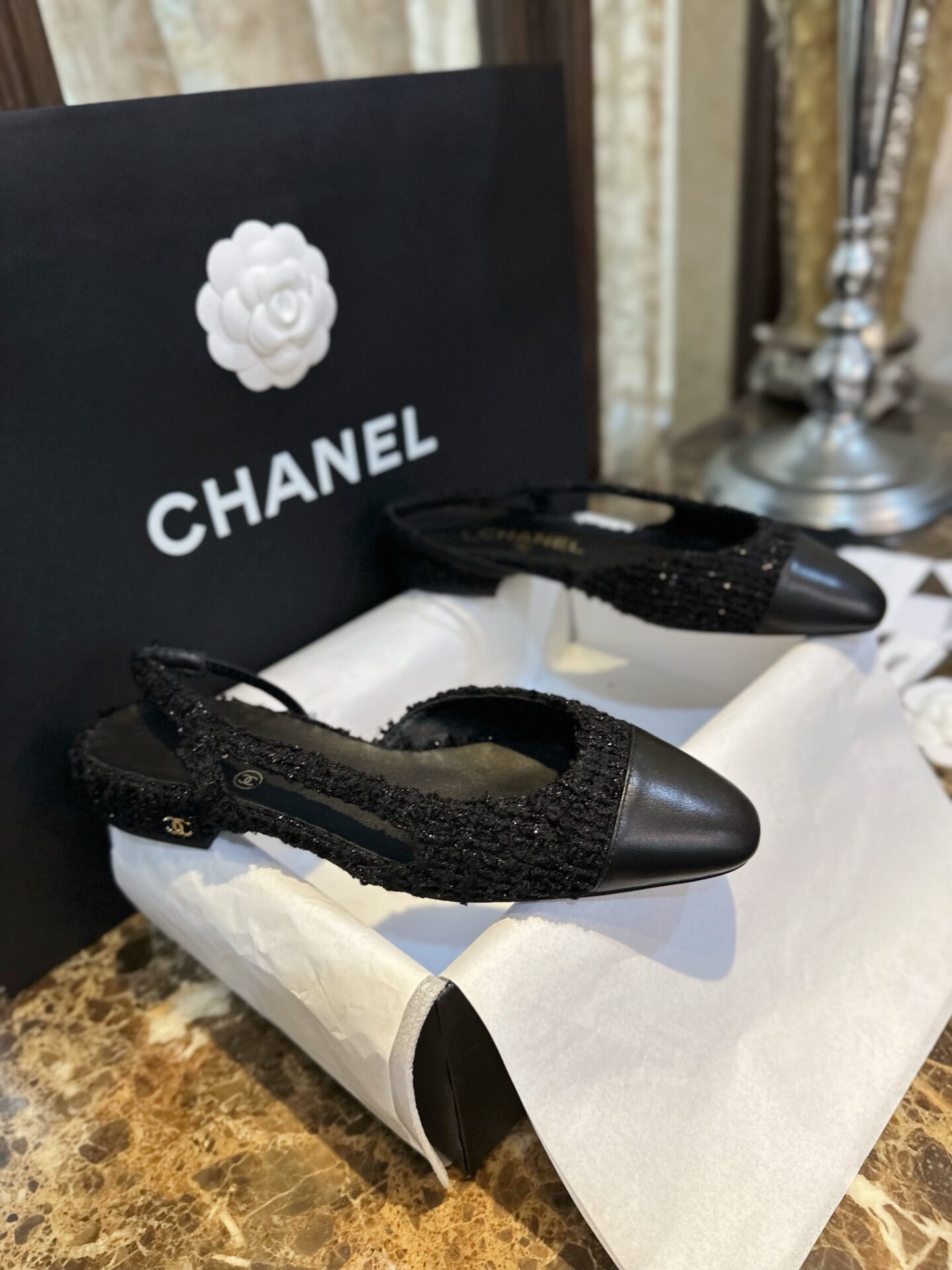샤넬 블랙 트위드 슬링백 플랫 슈즈 “34SIZE – 41SIZE” - 상세 이미지