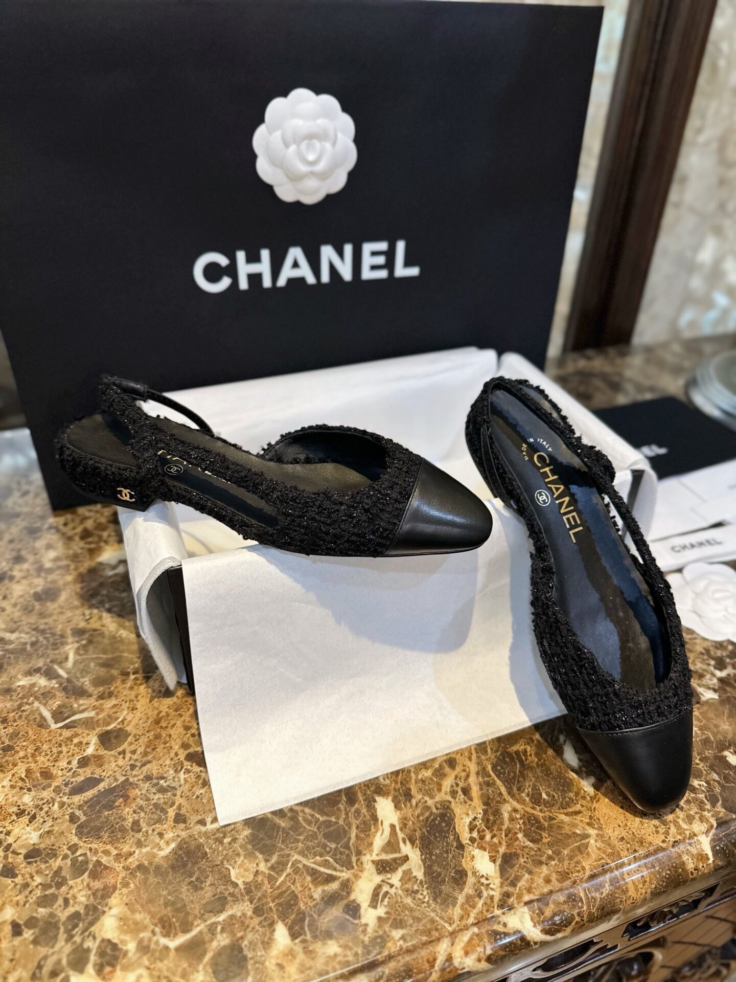 샤넬 블랙 트위드 슬링백 플랫 슈즈 “34SIZE – 41SIZE” - 상세 이미지