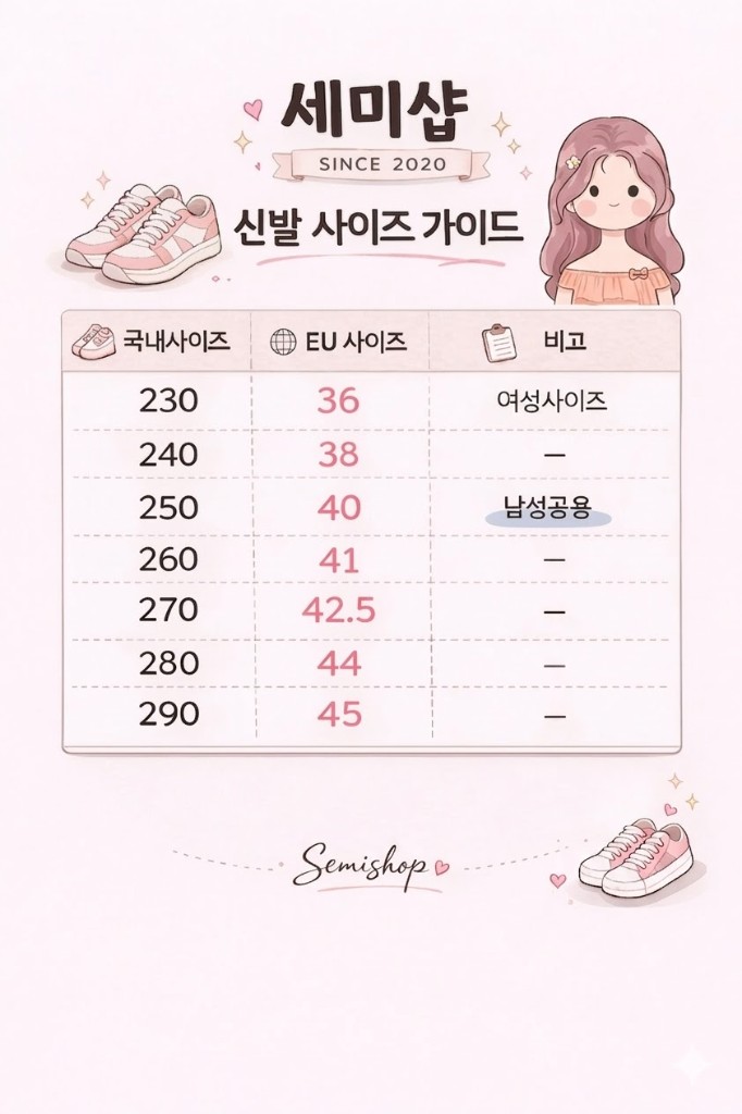 세미샵 신발 사이즈 가이드 - 국내/EU 사이즈 환산