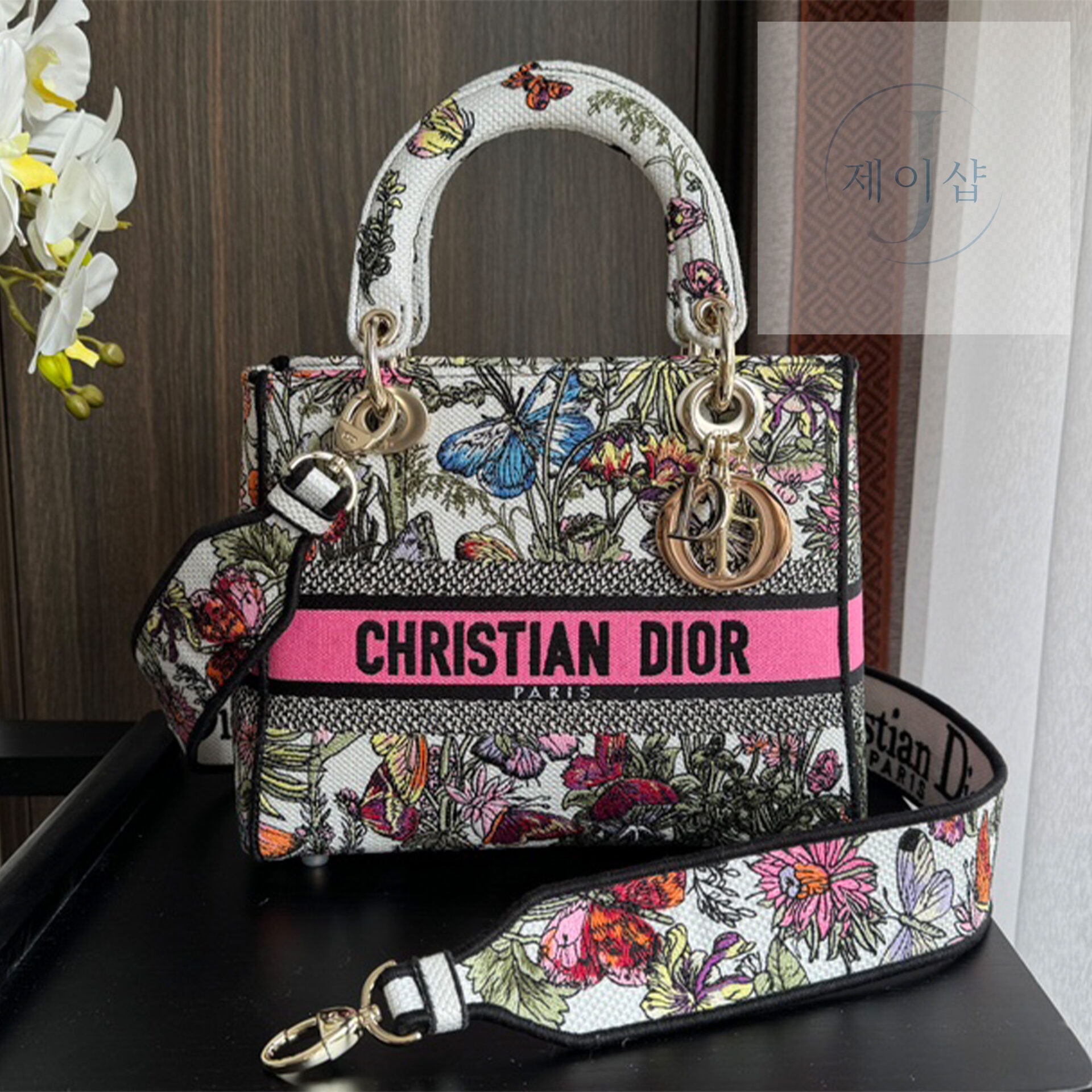 디올 화이트 멀티컬러 Florilegio 레이디 D-LITE 미디엄 백 24*20*11CM