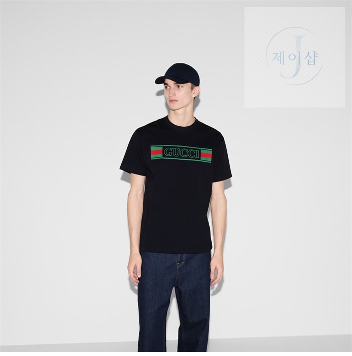 구찌 웹(Web) 배너 프린트 코튼 저지 티셔츠（세븐） - 상세 이미지