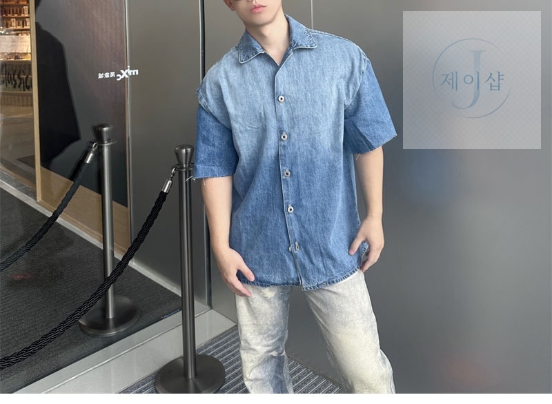 로에베 아나그램 워시드 데님 숏슬리브 셔츠 - 상세 이미지