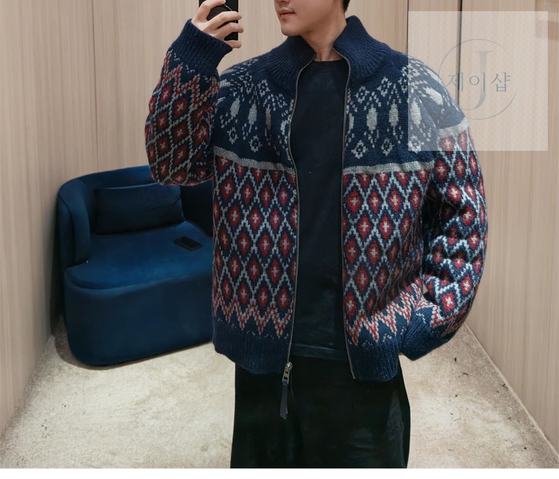 로에베 올오버 울 기하학 집업 가디건