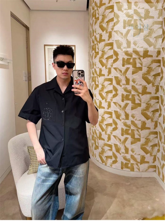 루이비통 엠브로이더드 숏 슬리브드 코튼 셔츠（세븐） - 상세 이미지
