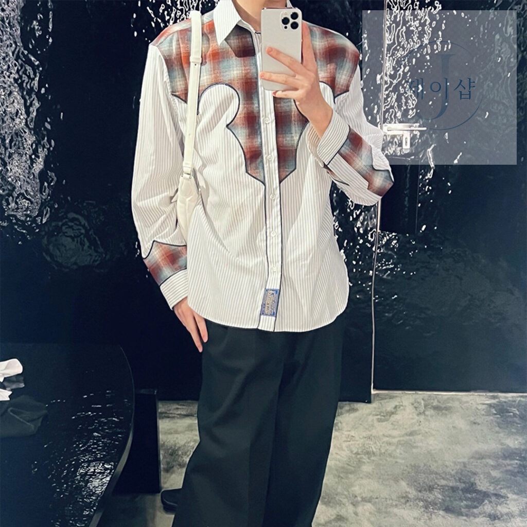 마르지엘라 23FW 그레이 & 브라운 코튼 체크 스트라이프 셔츠 - 상세 이미지
