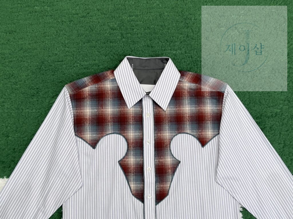 마르지엘라 23FW 그레이 & 브라운 코튼 체크 스트라이프 셔츠 - 상세 이미지