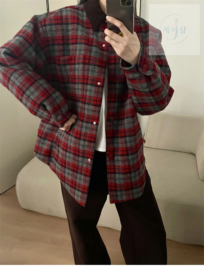 미우미우 25FW 체크 슬레이트 버진 울 오버셔츠（세븐） - 상세 이미지