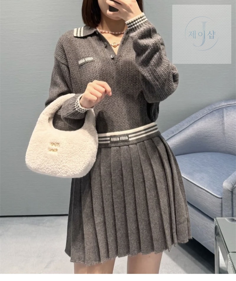 미우미우 울 캐시미어 플리츠 미니 스커트（TJ공장） - 상세 이미지