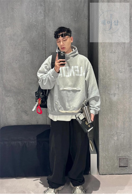 발렌시아가 테이프 타입 립드 포켓 오버사이즈 후드（세븐） - 상세 이미지
