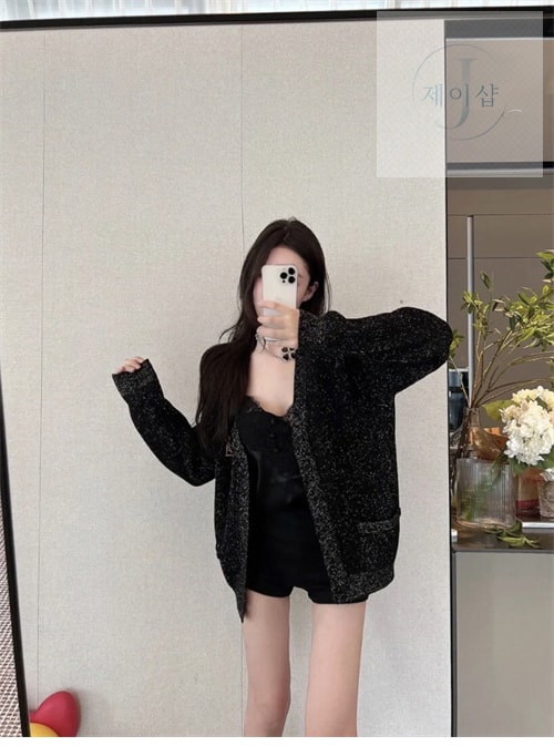 생로랑 YSL 로고 V넥 니트 가디건（세븐） - 상세 이미지