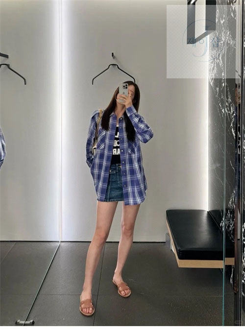 셀린느 체크 캐주얼 견장 롱 셔츠 남방 블루 - 상세 이미지
