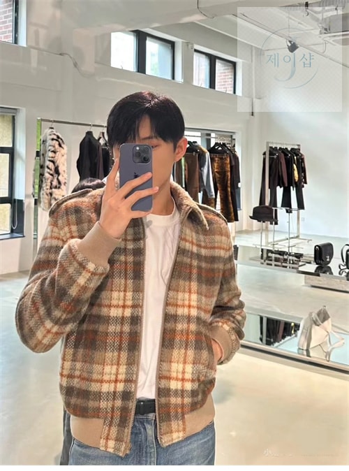 셀린느 트리오페 로고 자수 배색 체크 테디 자켓（세븐） - 상세 이미지