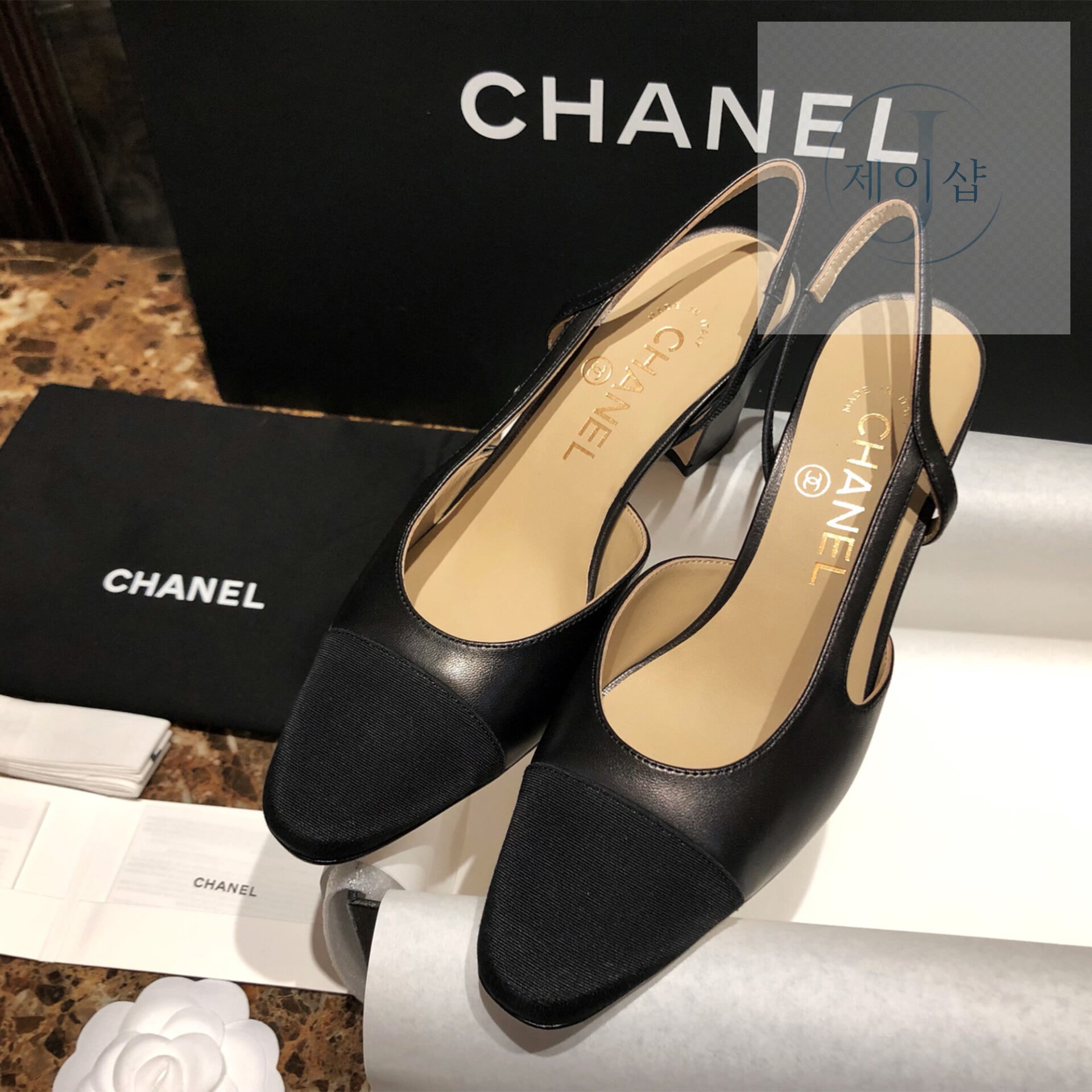 C H A N E L 샤넬 블랙 고트스킨 그로그랭 슬링백 플랫 슈즈 “34SIZE – 41SIZE” - 제이샵
