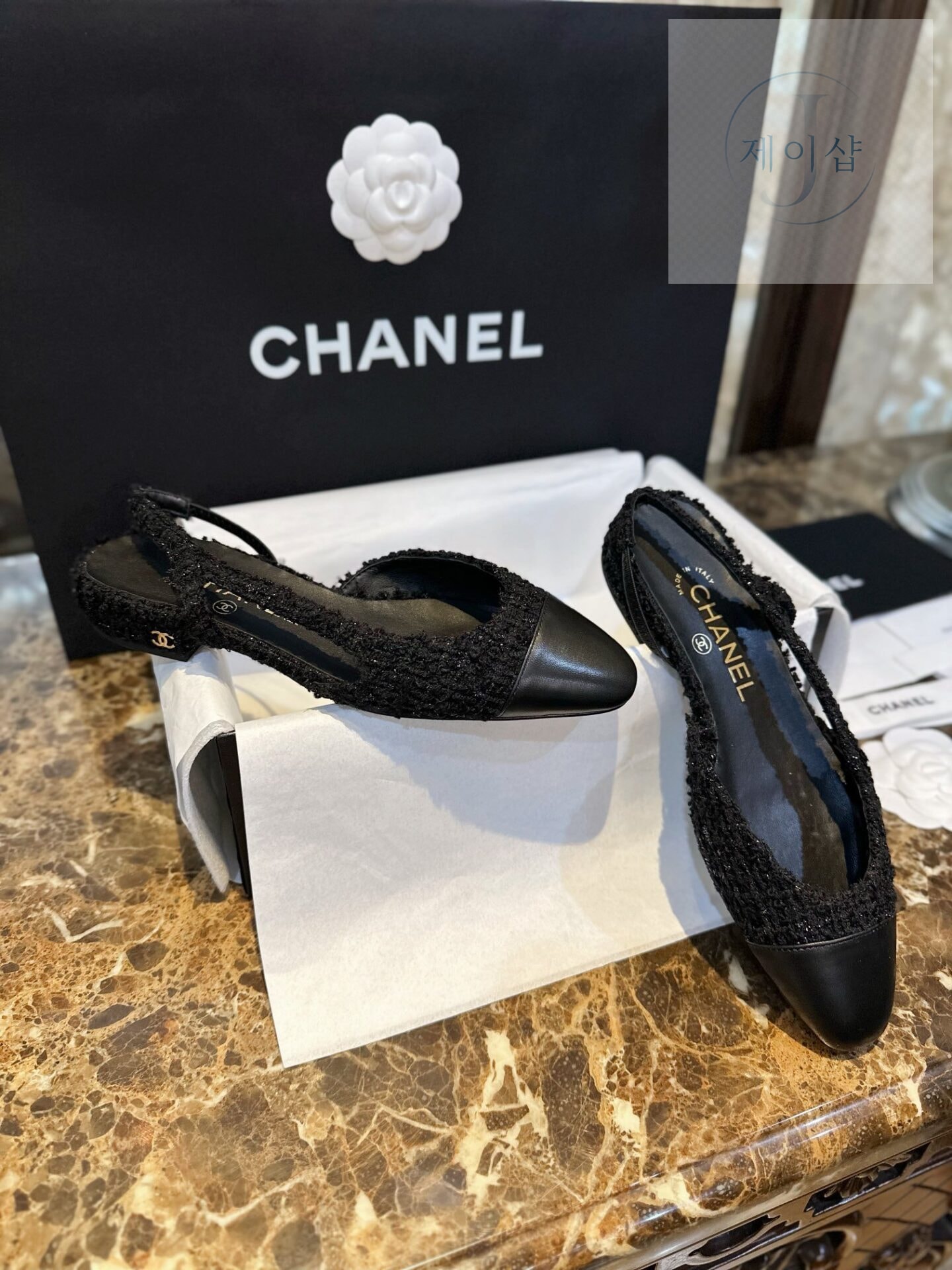 샤넬 블랙 트위드 슬링백 플랫 슈즈 “34SIZE – 41SIZE” - 상세 이미지