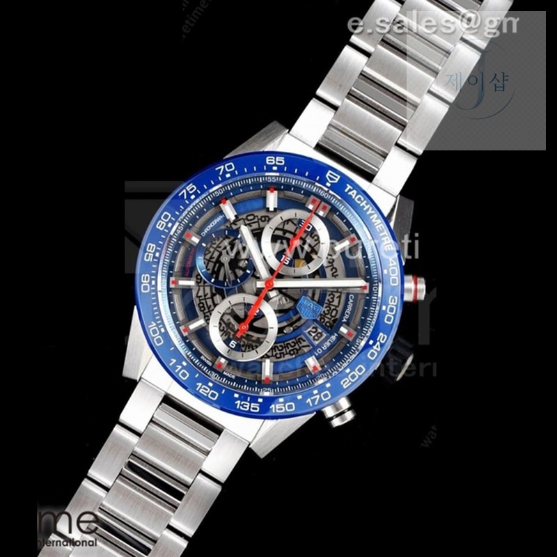 XF공장 칼리버호이어 블루 43 스켈레톤다이얼 Calibre Heuer 01 Chrono 43mm Blue Ceramic SS XF 1_1 Best Edition Skeleton Dial on SS Bracelet A1887