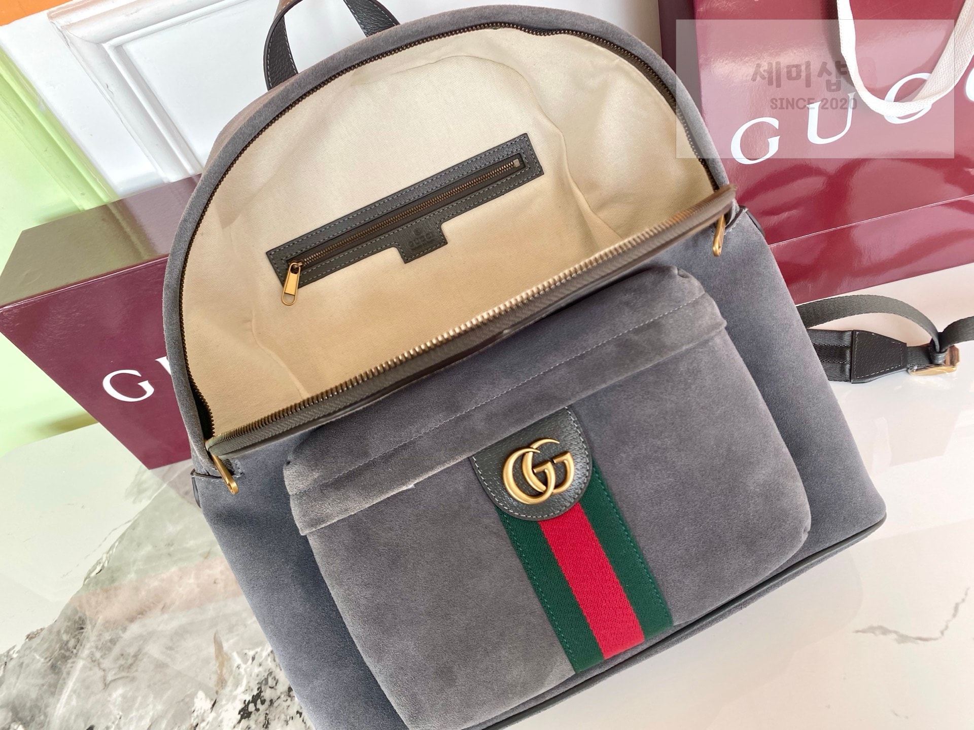 Gucci 구찌 오피디아 미디움 백팩 그레이 스웨이드 Bag 8번 이미지