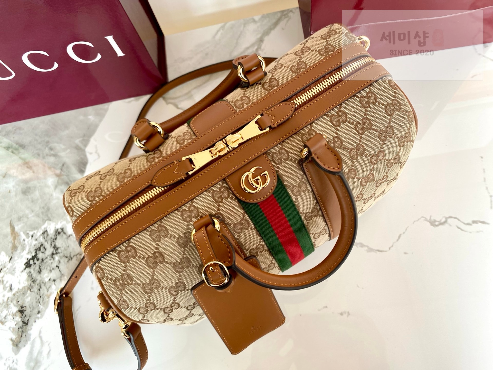 Gucci 구찌 오피디아 미디움 보스턴백 브라운 레더 모노그램 Bag 5번 이미지