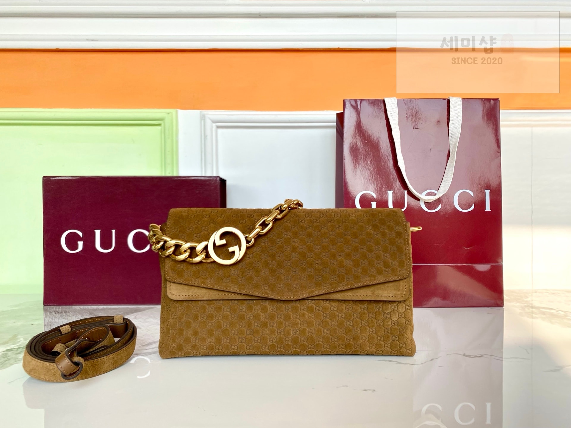 Gucci 구찌 체인 미디움 숄더백 브라운 스웨이드 Bag 1번 이미지