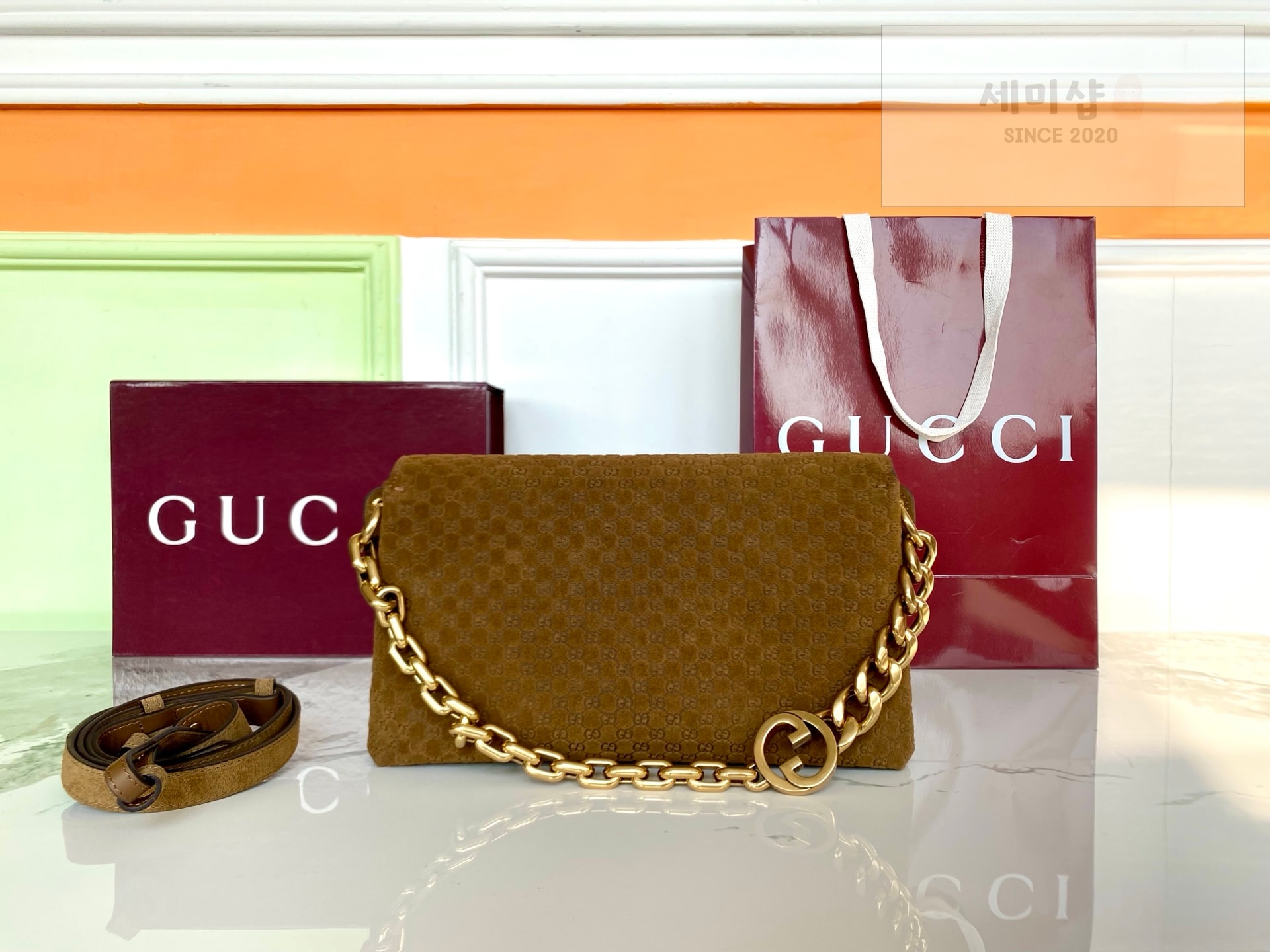 Gucci 구찌 체인 미디움 숄더백 브라운 스웨이드 Bag 2번 이미지