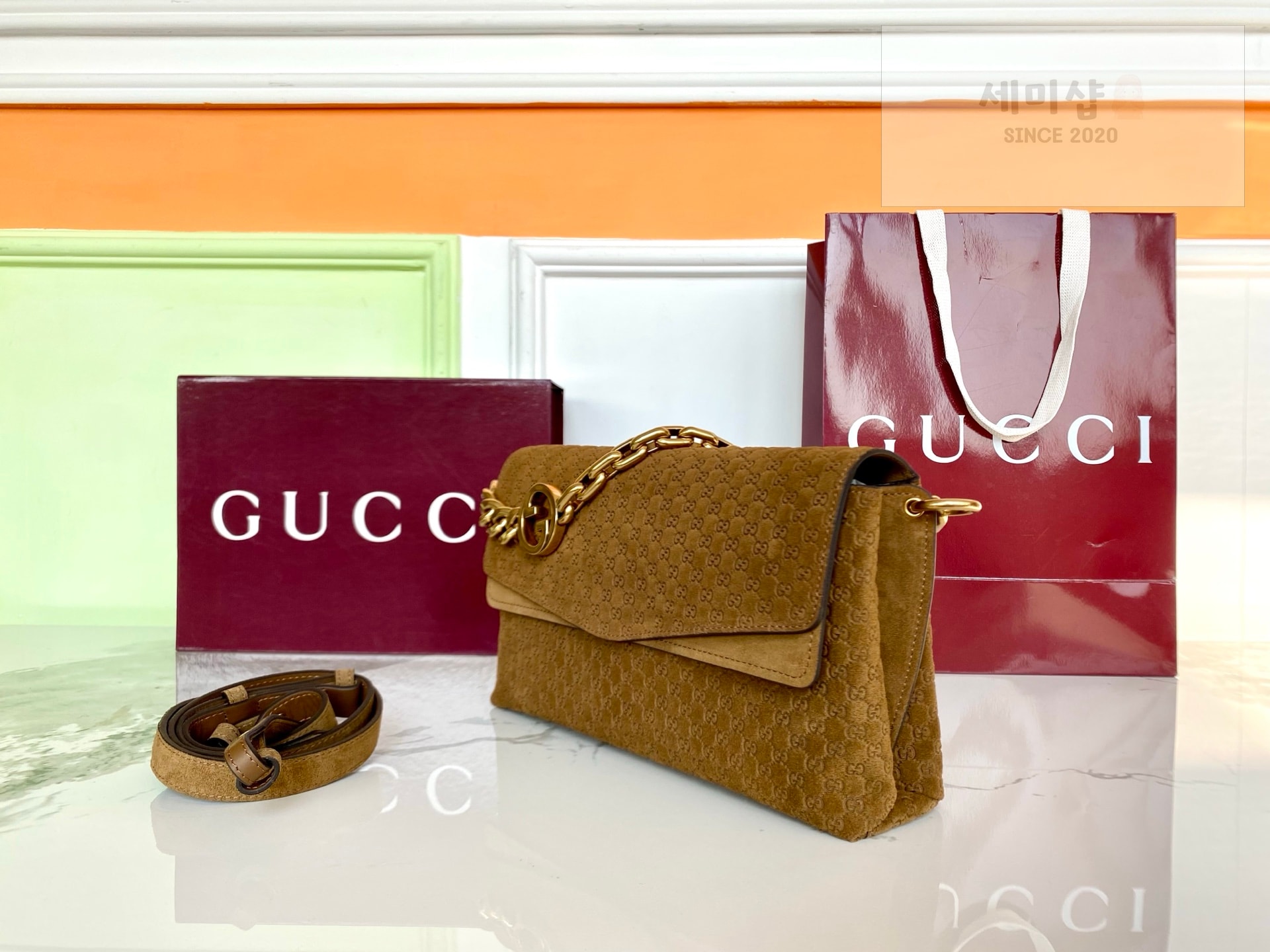 Gucci 구찌 체인 미디움 숄더백 브라운 스웨이드 Bag 3번 이미지