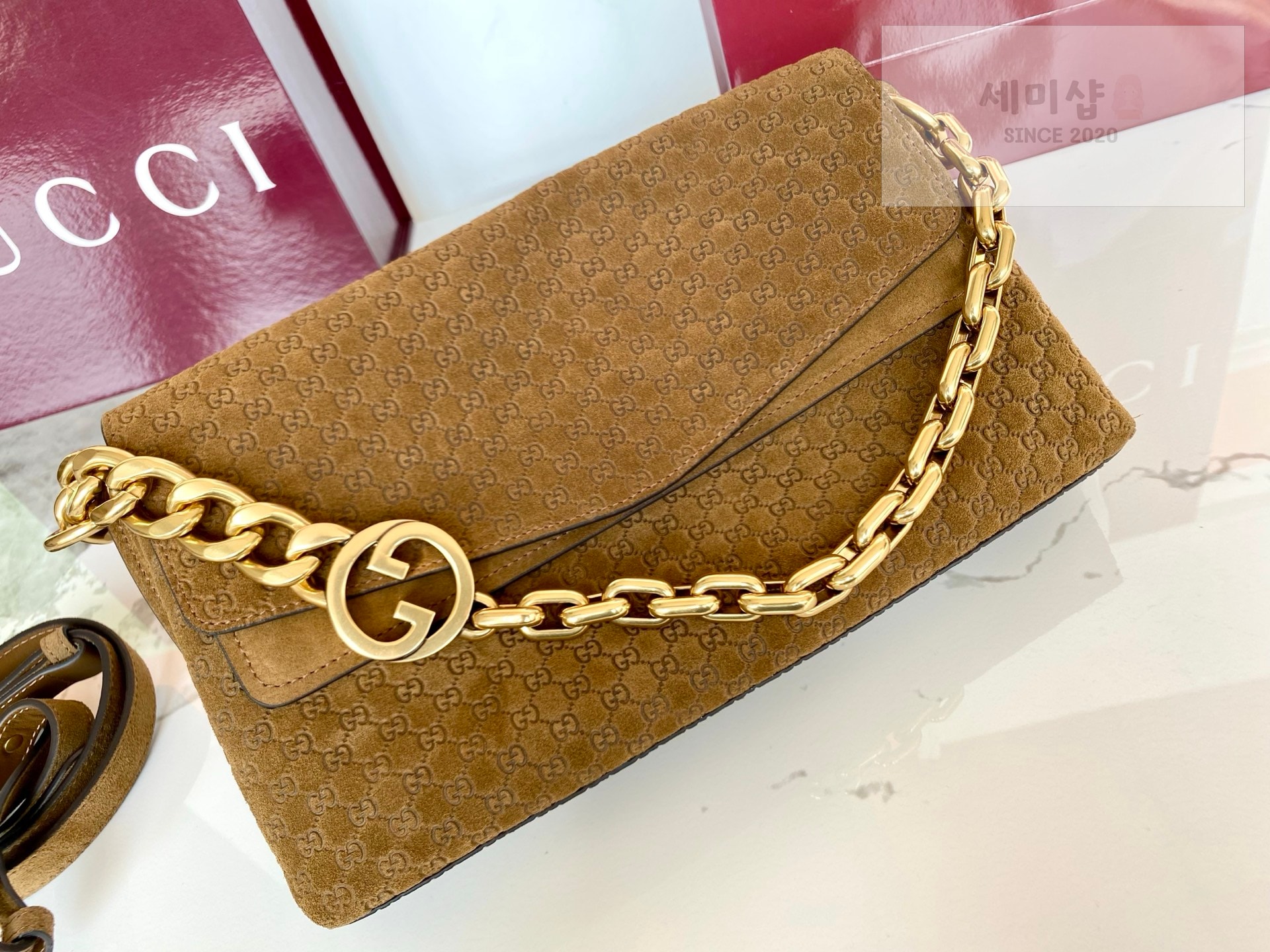 Gucci 구찌 체인 미디움 숄더백 브라운 스웨이드 Bag 5번 이미지