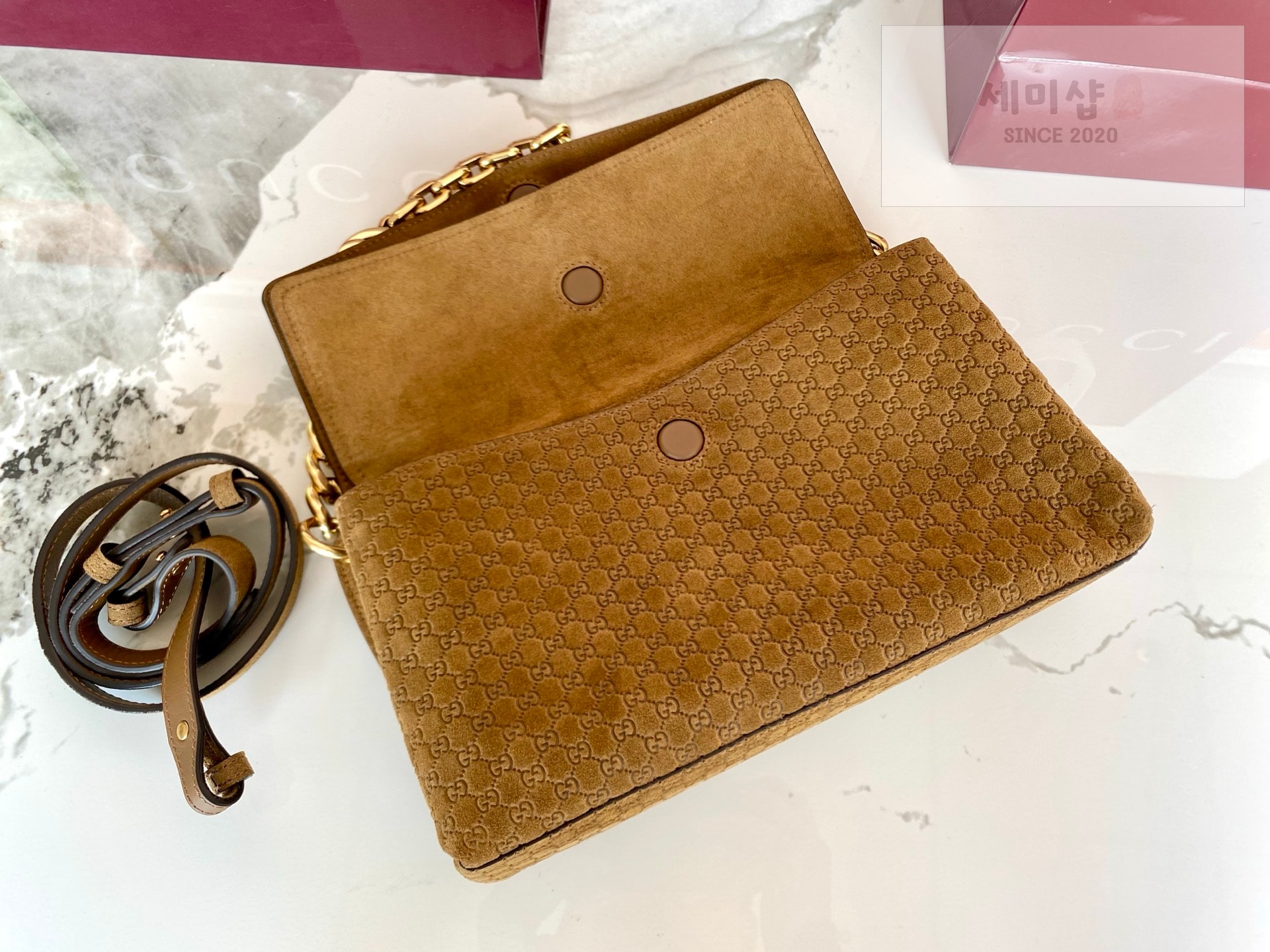 Gucci 구찌 체인 미디움 숄더백 브라운 스웨이드 Bag 7번 이미지