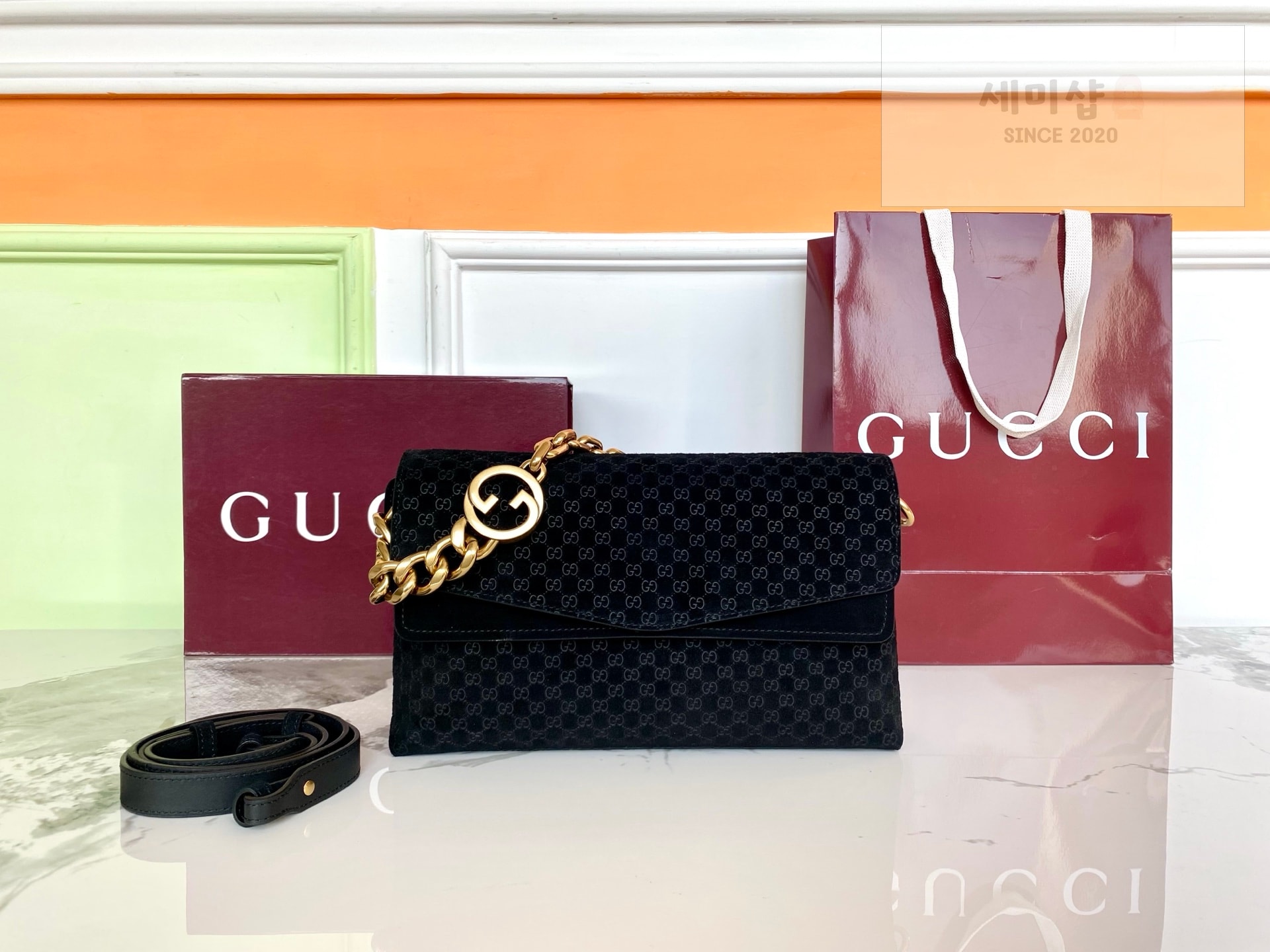 Gucci 구찌 체인 미디움 숄더백 블랙 스웨이드 Bag 1번 이미지