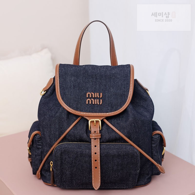 Miu Miu 미우미우 캔버스 가죽 백팩 5BZ042 콘 플라워 / 블루 브랜디 Bag 1번 이미지