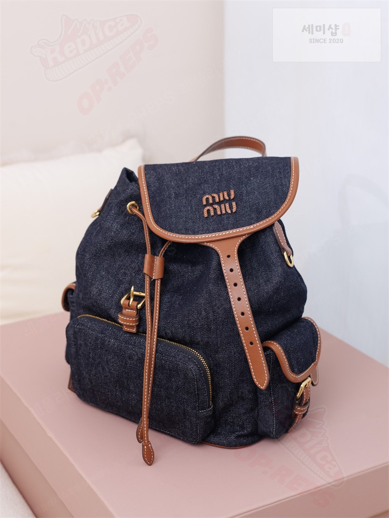 Miu Miu 미우미우 캔버스 가죽 백팩 5BZ042 콘 플라워 / 블루 브랜디 Bag 6번 이미지