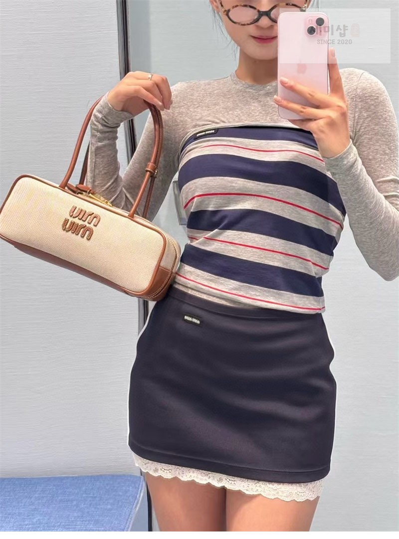 Miu Miu 미우미우 캔버스 레더 스몰 보 백 5BB173 캔버스 Bag 5번 이미지