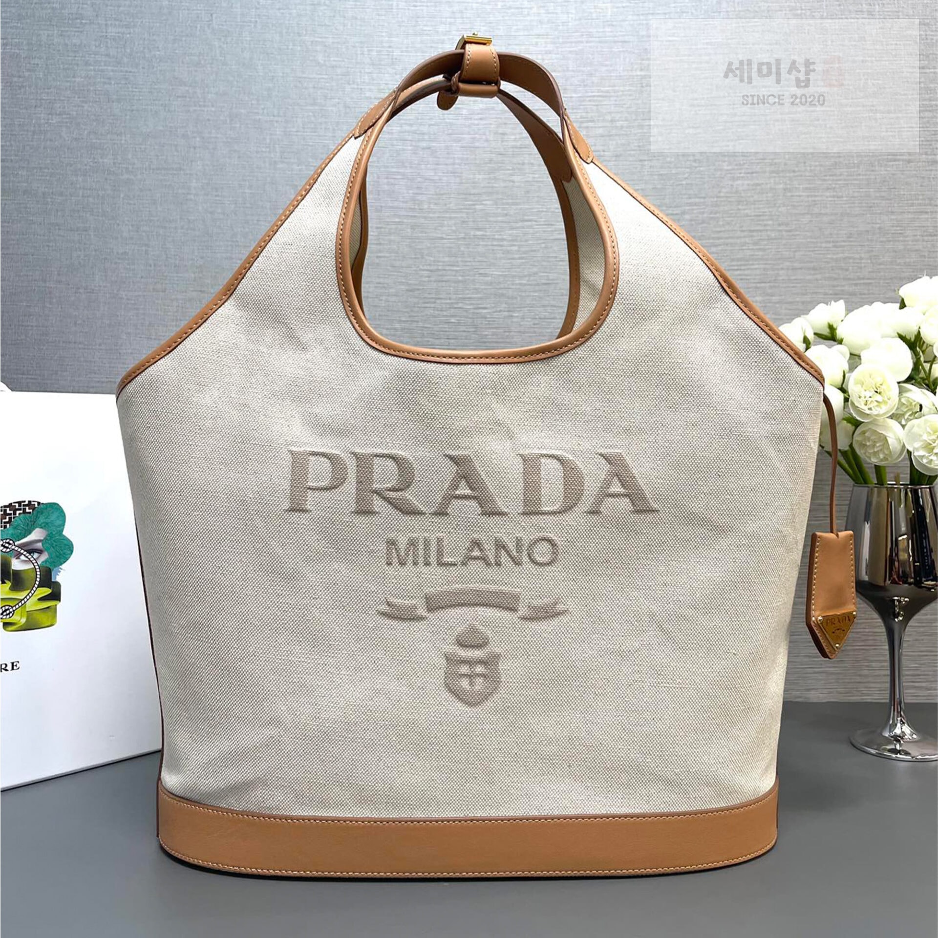 P R A D A 프라다 린넨 레더 버클 백 37.5*30*13CM Bag 3번 이미지