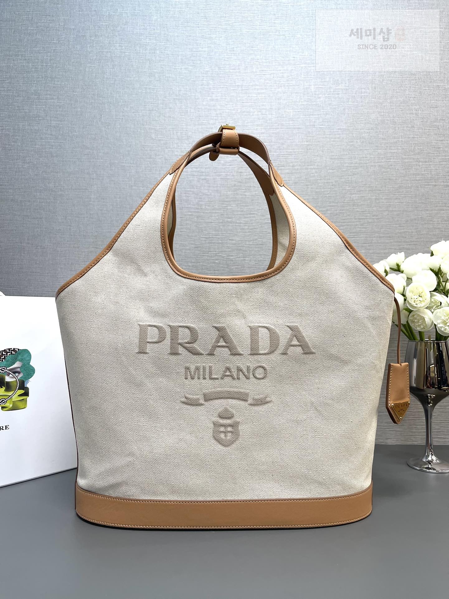 P R A D A 프라다 린넨 레더 버클 백 37.5*30*13CM Bag 9번 이미지