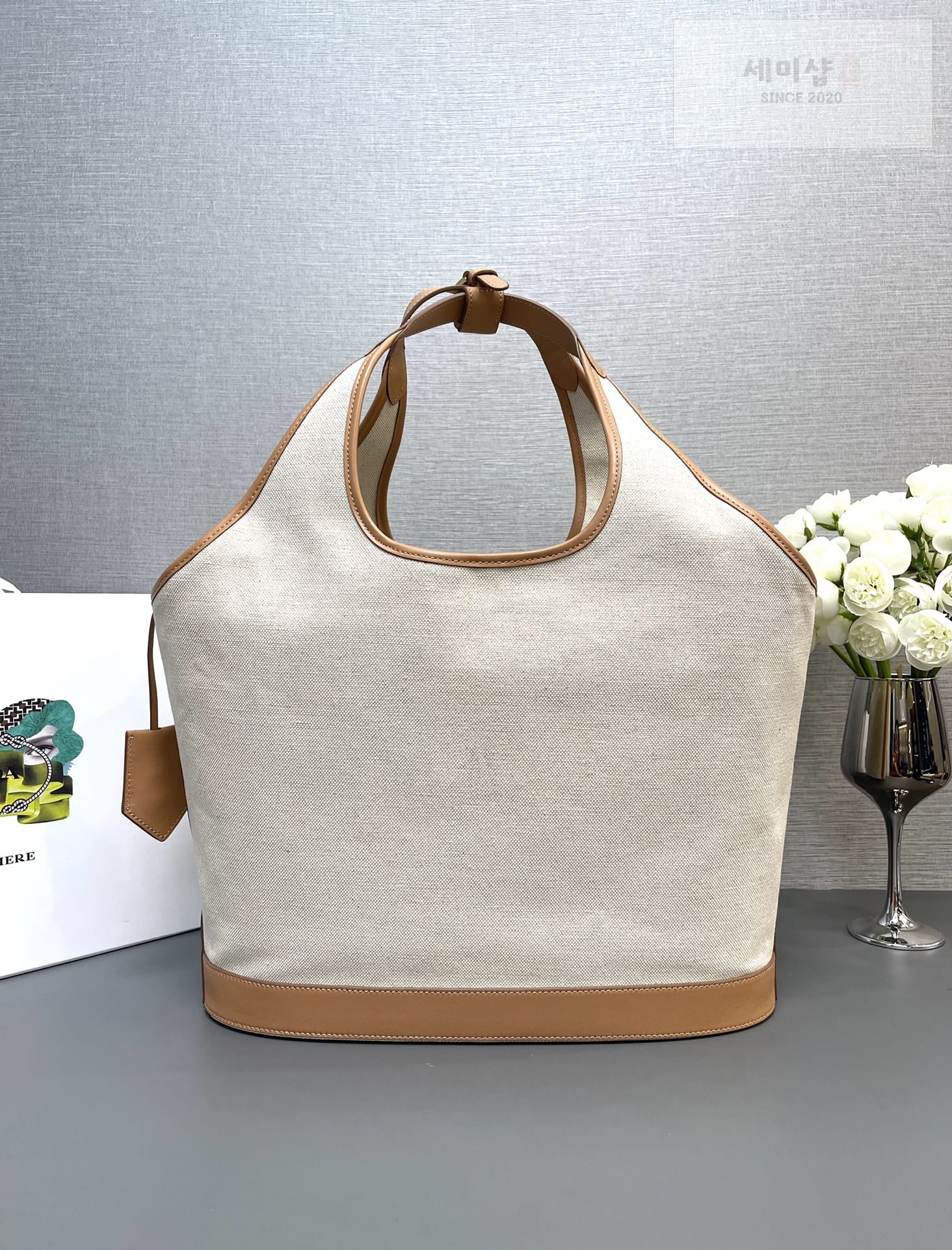P R A D A 프라다 린넨 레더 버클 백 37.5*30*13CM Bag 4번 이미지