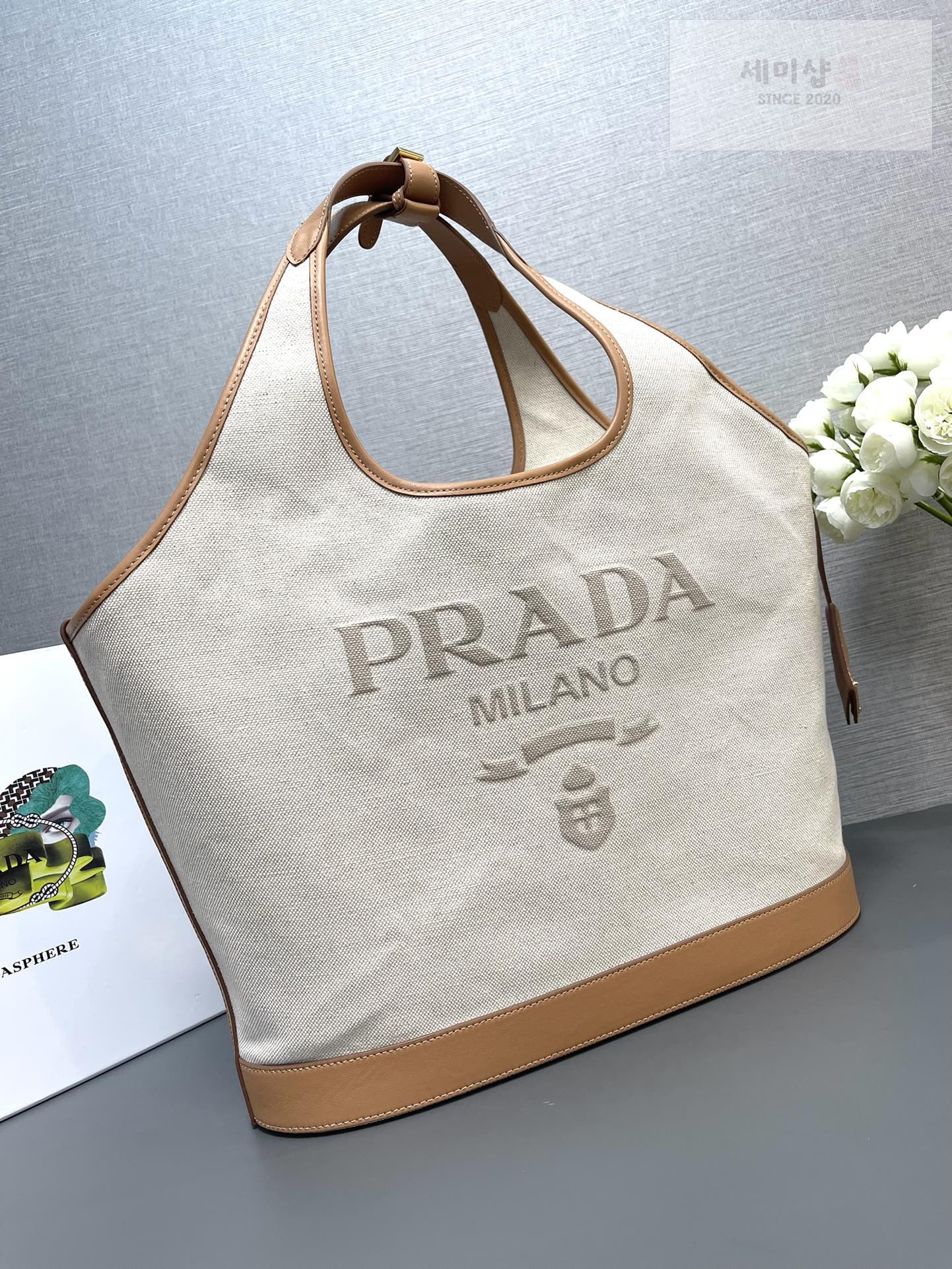 P R A D A 프라다 린넨 레더 버클 백 37.5*30*13CM Bag 5번 이미지