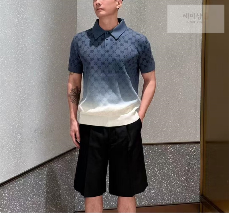 Gucci 구찌 그라데이션 GG 코튼 니트 자카드 폴로 셔츠 의류 3번 이미지