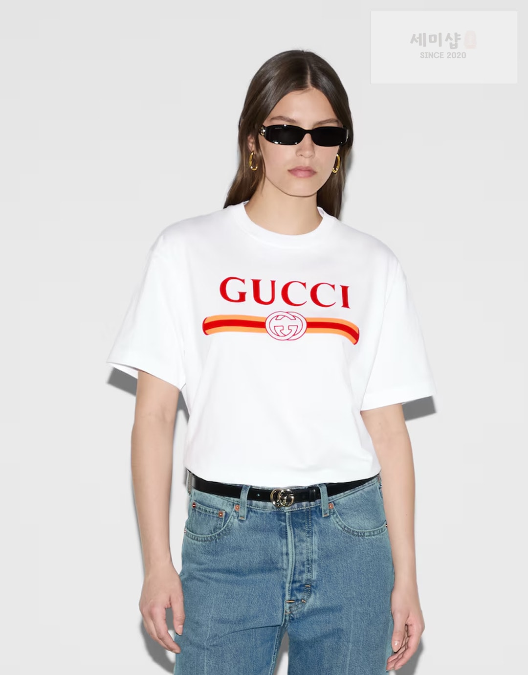 Gucci 구찌 프리폴컬렉션 웹 프린트 저지 코튼 티셔츠 화이트 의류 1번 이미지