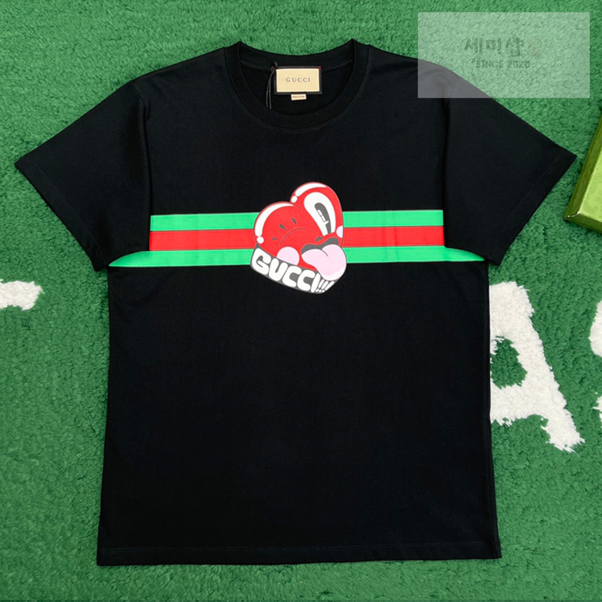 Gucci 구찌 24FW 웹 하트 프린트 디테일 코튼 저지 반팔 티셔츠 블랙 의류 1번 이미지