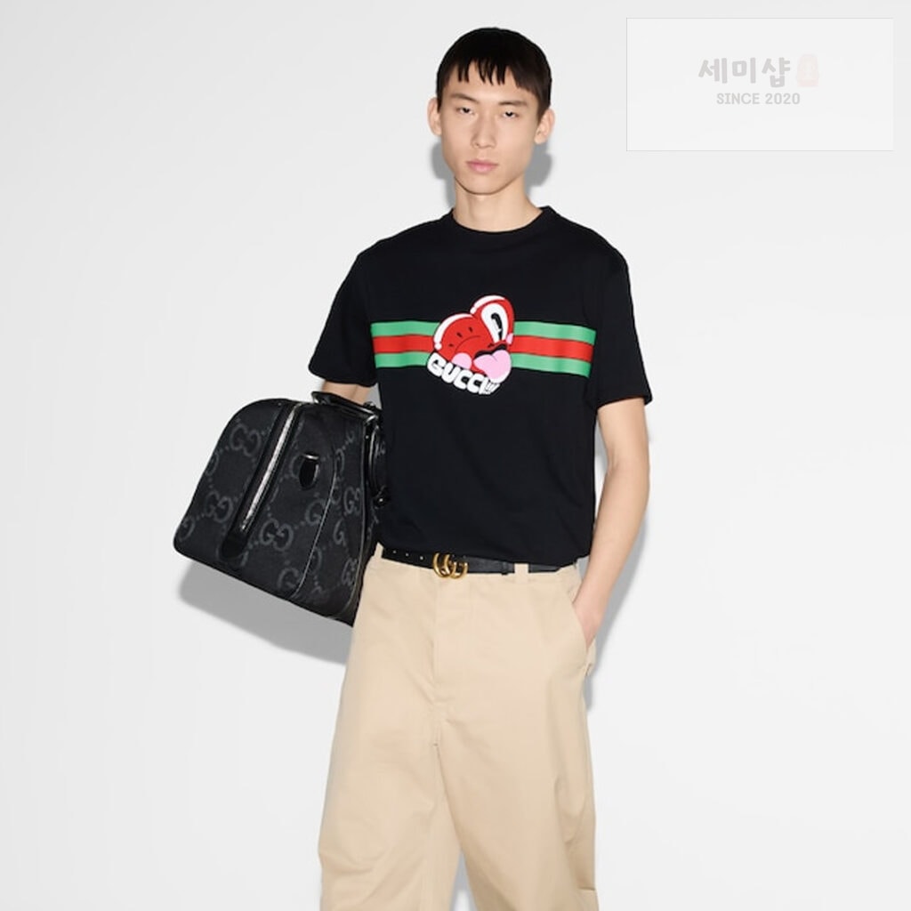Gucci 구찌 24FW 웹 하트 프린트 디테일 코튼 저지 반팔 티셔츠 블랙 의류 12번 이미지