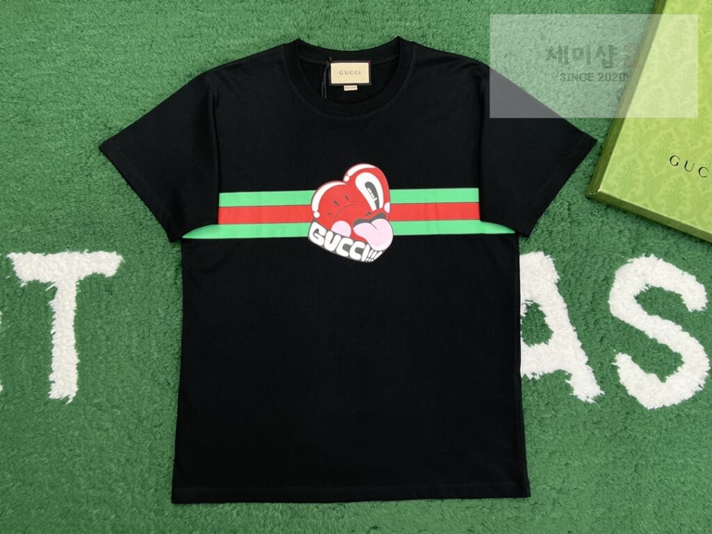 Gucci 구찌 24FW 웹 하트 프린트 디테일 코튼 저지 반팔 티셔츠 블랙 의류 2번 이미지
